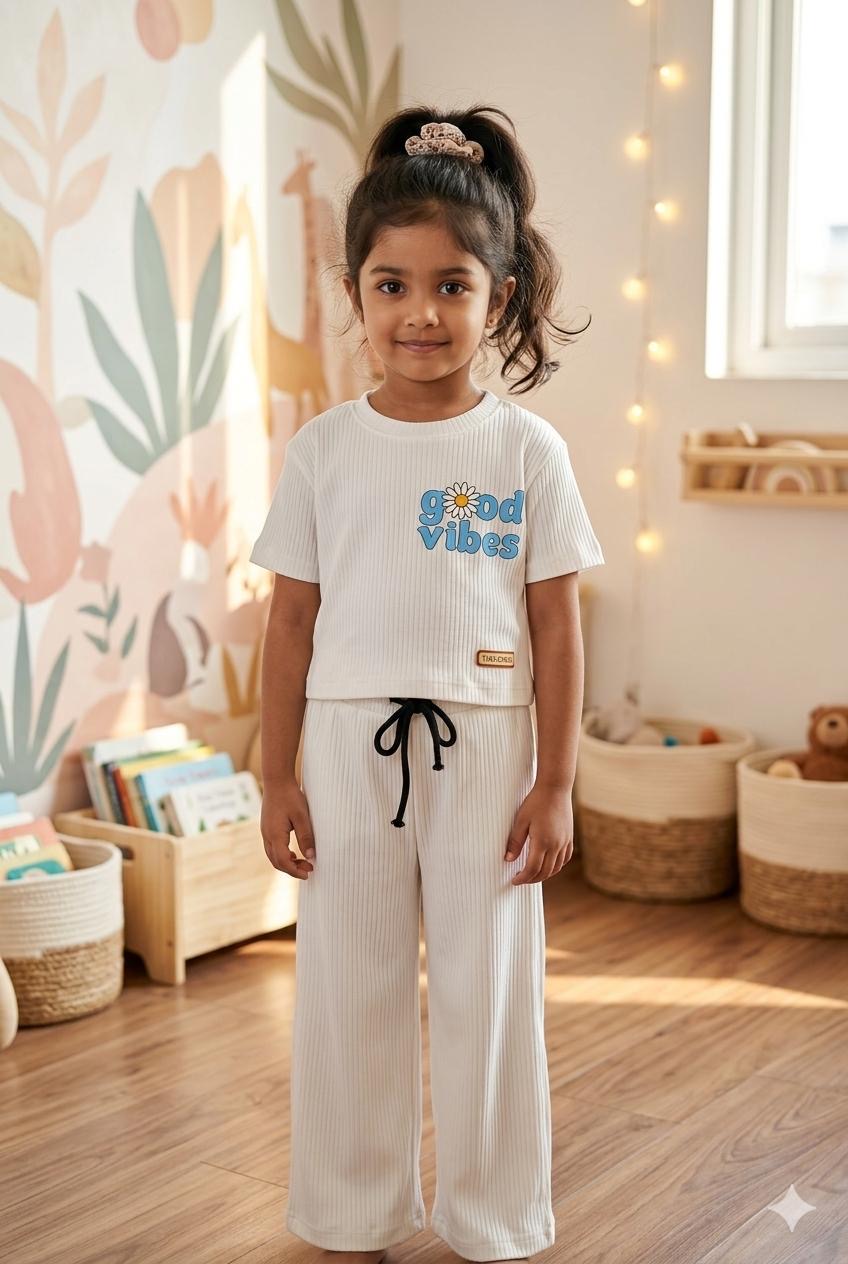Half white Ribbed Plazoo set Same Colour, Same Fit – Assorted Printed Designs (1-6 years )Code:SA