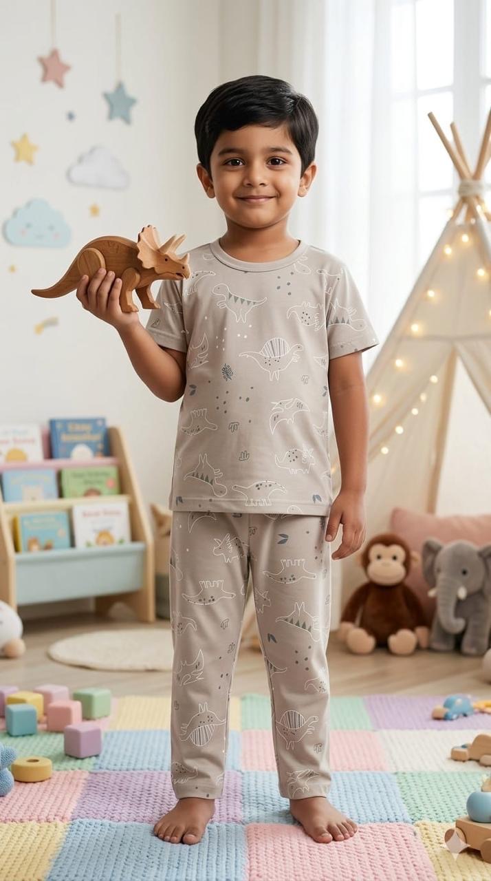 Dino white Top & bottom set (6 months-3 years)