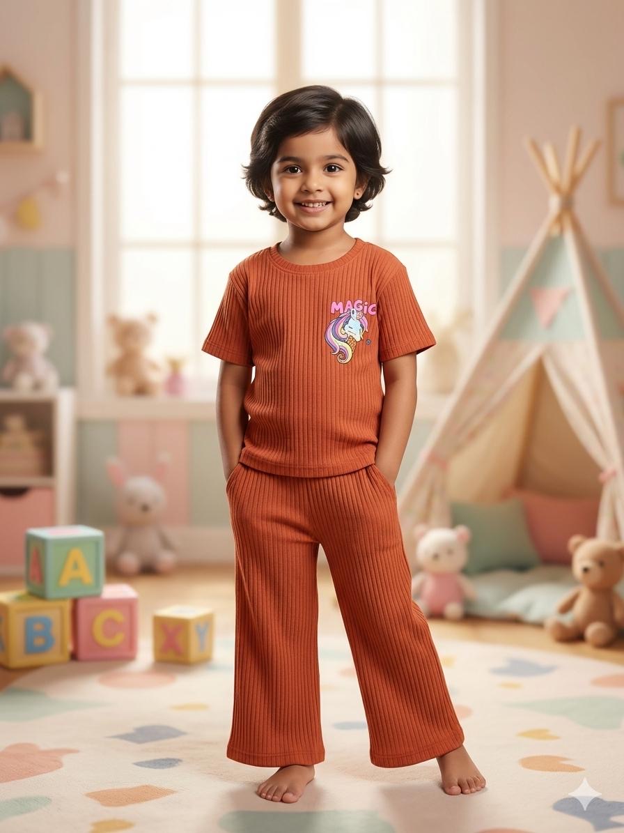 Coffee Brown Ribbed Plazoo set Same Colour, Same Fit – Assorted Printed Designs (1-6 years )Code:SA