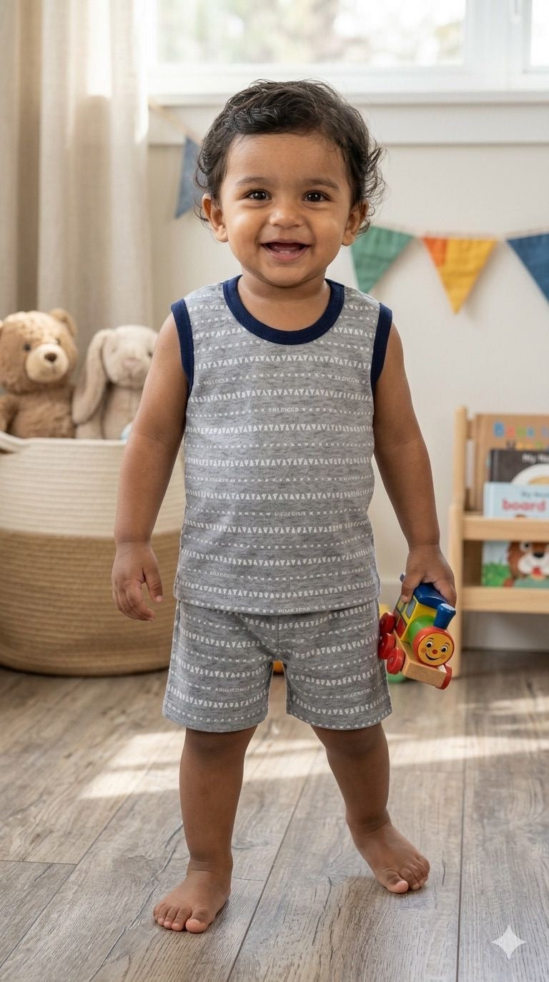 Grey white Sleeveless Short Set (1-2 year )