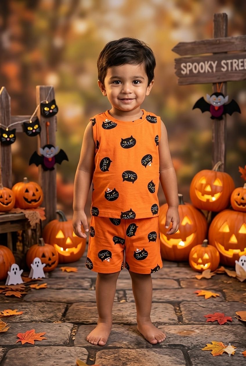 Orange black Sleeveless Ribbed Short set (1-6 years )Code:SA