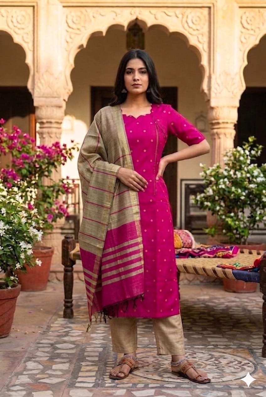 Dark pink Raw Silk Feeding Kurti 3 pcs Set (M -2XL)