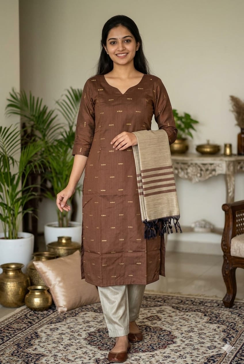 Brown Raw Silk Feeding Kurti 3 pcs Set (M -2XL)