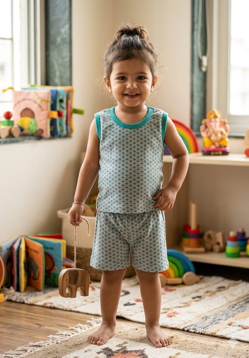 Green blue Sleeveless Short Set (1-2 year )