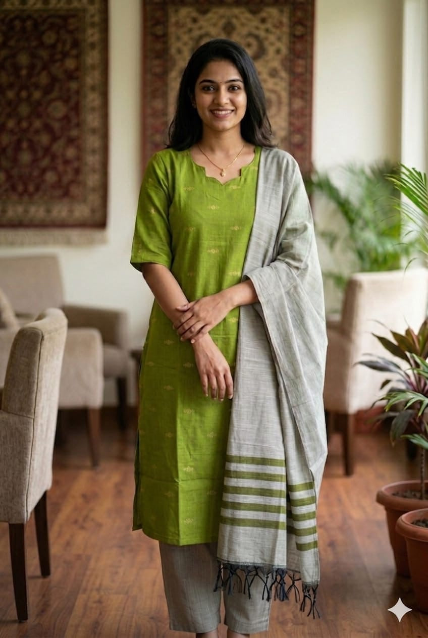 Green 3 Raw Silk Feeding Kurti 3 pcs Set (M -2XL)