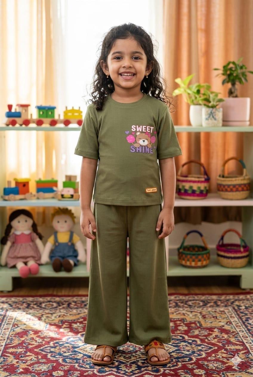 Olive green Ribbed Plazoo set Same Colour, Same Fit – Assorted Printed Designs (1-6 years )Code:SA