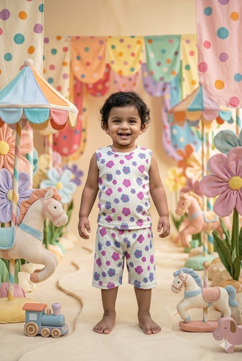 Pink white colourful Sleeveless Short Set (1-2 year )