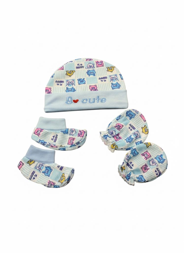 Blue baby cap, mittens & booties set