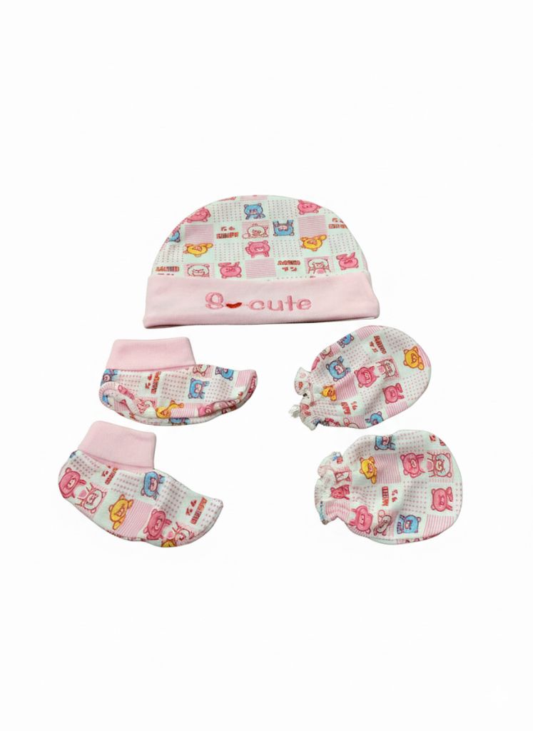 Cute pink baby cap, mittens & booties set