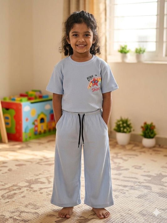Light blue  Ribbed  Plazoo  set Same Colour, Same Fit – Assorted Printed Designs (1-6 years )Code:SA