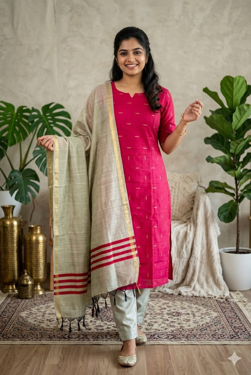 Lovely pink Raw Silk Feeding Kurti 3 pcs Set  (M -2XL)
