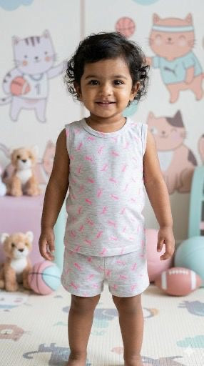 Grey pink Sleeveless Short set (1- 3 years)