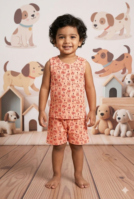 Orange Sleeveless Ribbed Short  set (1-6 years )Code:SA