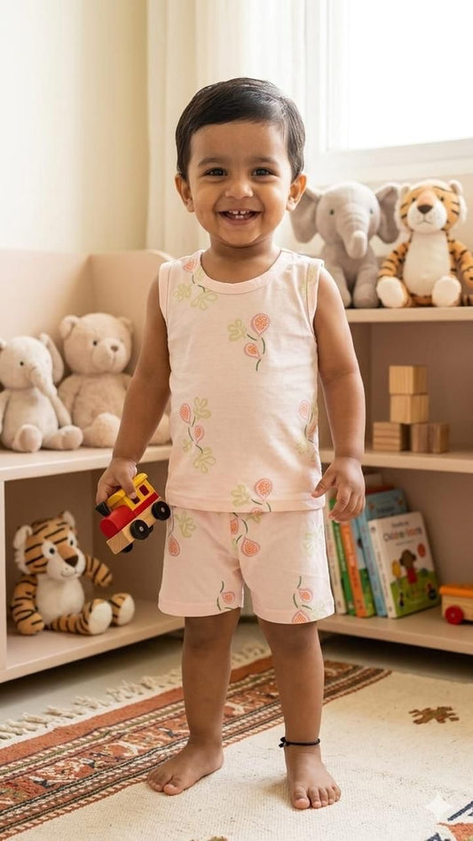 Pink floral Sleeveless Short  Set (1-3 year )