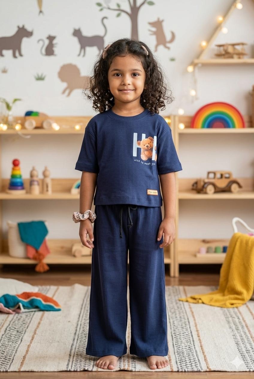 Navy blue Ribbed  Plazoo  set Same Colour, Same Fit – Assorted Printed Designs (1-6 years )Code:SA