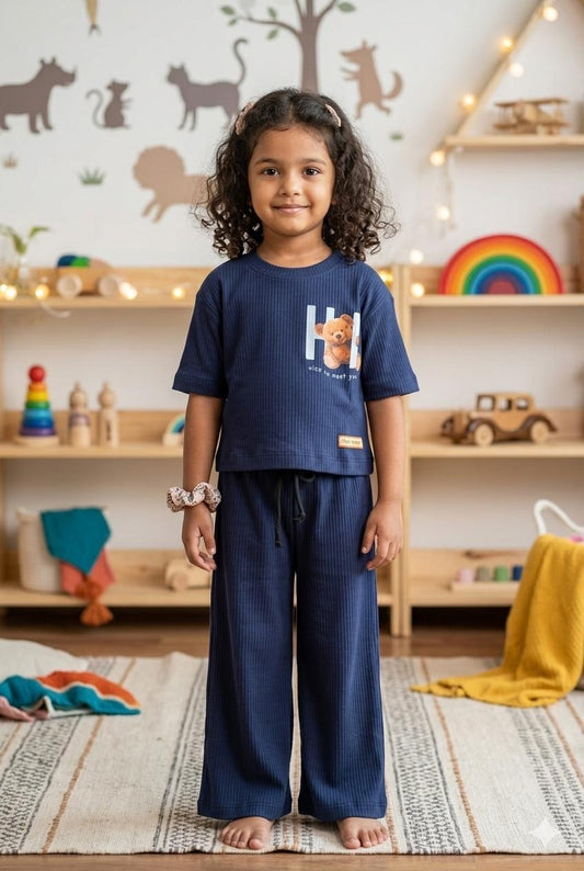 Navy blue Ribbed  Plazoo  set Same Colour, Same Fit – Assorted Printed Designs (1-6 years )Code:SA