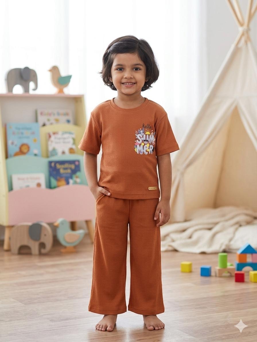 Brown Ribbed  Plazoo  set Same Colour, Same Fit – Assorted Printed Designs (1-6 years )Code:SA