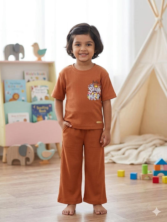 Brown Ribbed  Plazoo  set Same Colour, Same Fit – Assorted Printed Designs (1-6 years )Code:SA