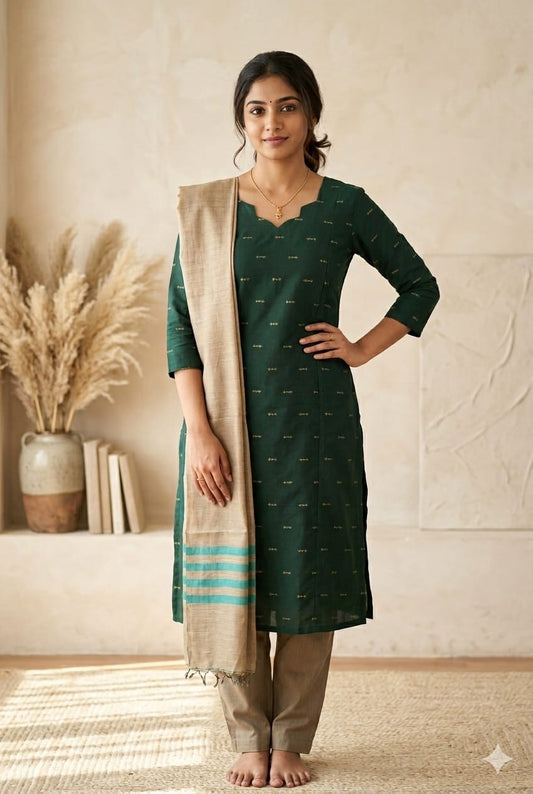 Dark green Raw Silk Feeding Kurti 3 pcs Set  (M -2XL)