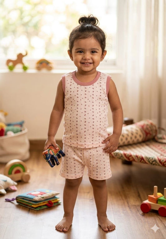 Pink cream Sleeveless Short  Set (1-3 year )
