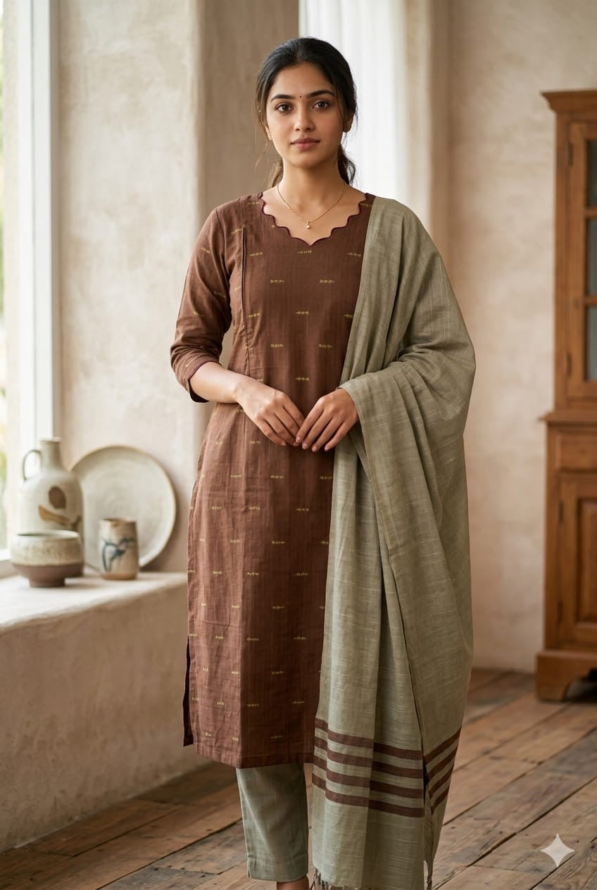 Brown 2 Raw Silk Feeding Kurti 3 pcs Set  (M -2XL)