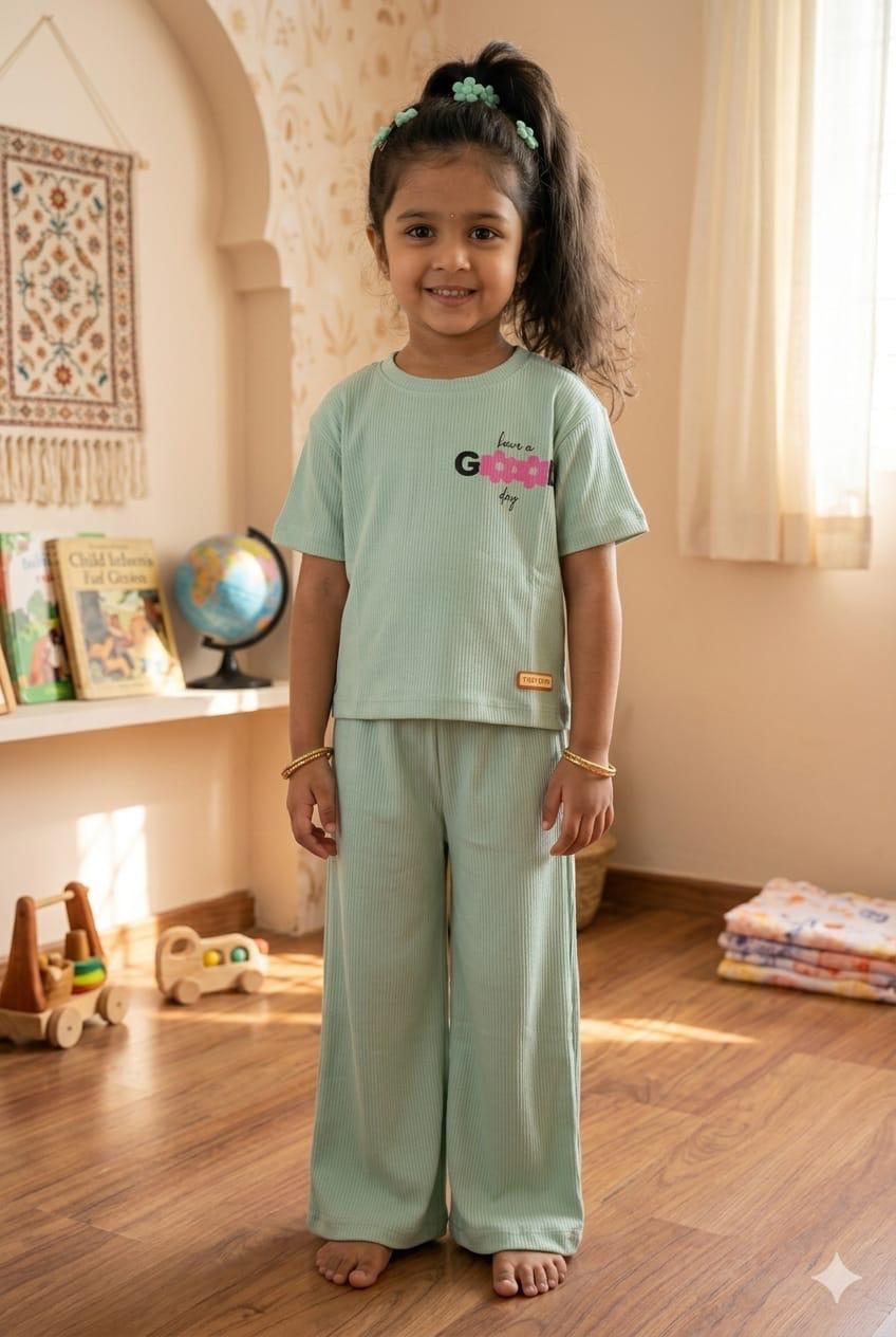 Light  green Ribbed  Plazoo  set Same Colour, Same Fit – Assorted Printed Designs (1-6 years )Code:SA