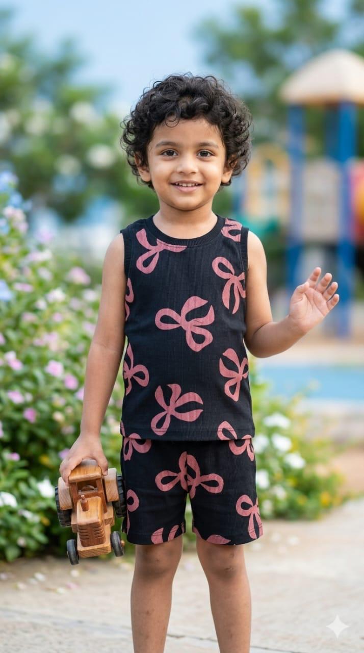 Pink black Sleeveless Ribbed Short  set (1-6 years )Code:SA