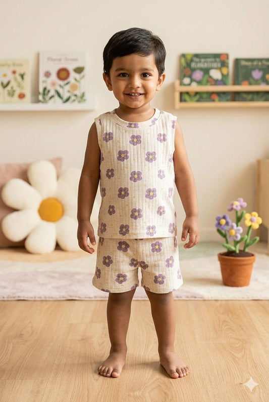 Floral purple   Sleeveless Ribbed Short  set (1-6 years )Code:SA
