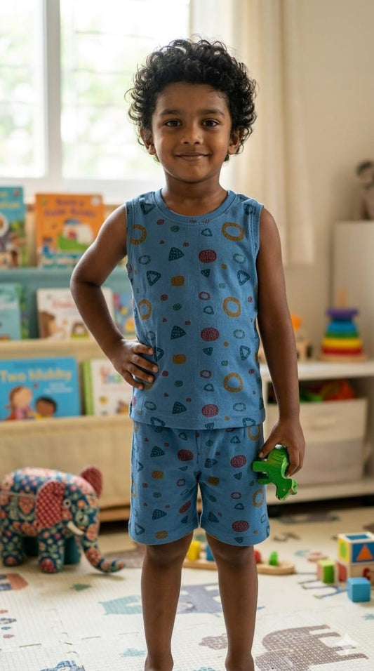 Colourful blue Sleeveless Ribbed Short  set (1-6 years )Code:SA
