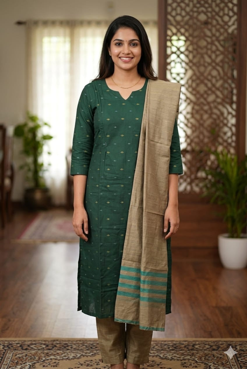 Dark green 2 Raw Silk Feeding Kurti 3 pcs Set  (M -2XL)