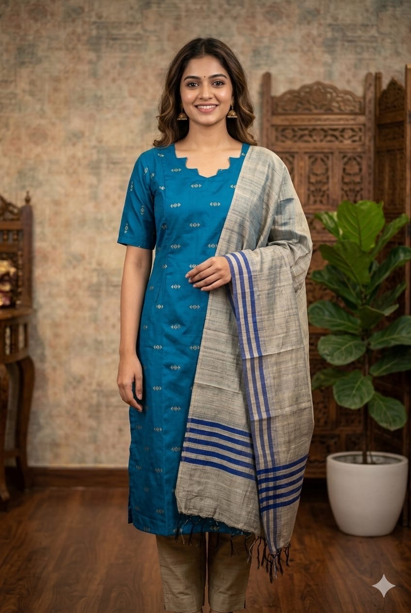 Blue Raw Silk Feeding Kurti 3 pcs Set  (M -2XL)