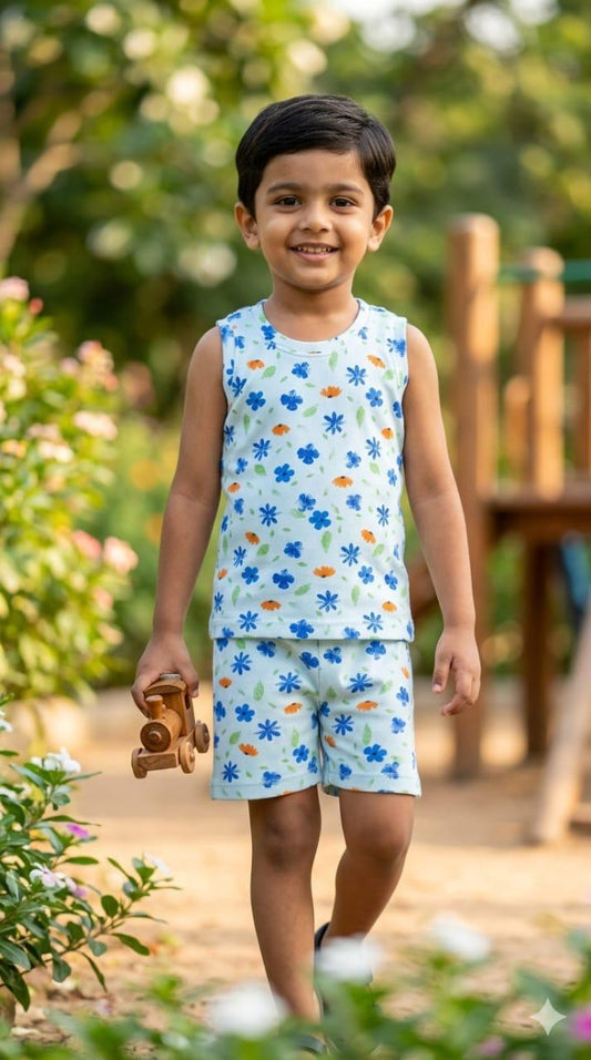 Blue Sleeveless Ribbed Short  set (1-6 years )Code:SA