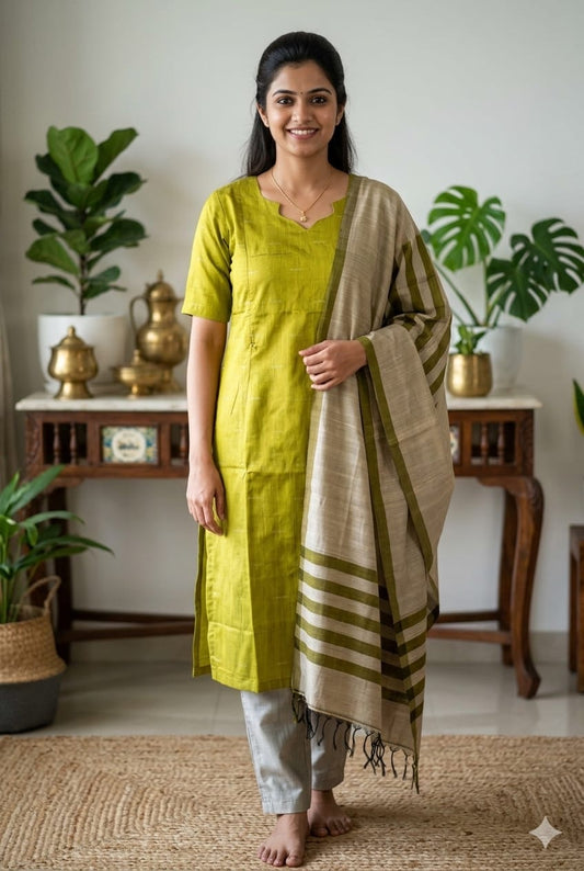 Green 2 Raw Silk Feeding Kurti 3 pcs Set  (M -2XL)