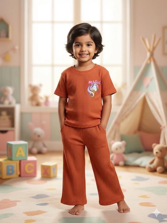 Coffee Brown Ribbed  Plazoo  set Same Colour, Same Fit – Assorted Printed Designs (1-6 years )Code:SA