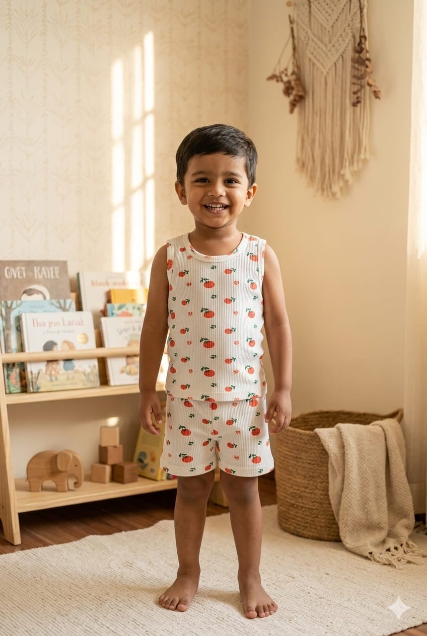 Orange Sleeveless Ribbed Short  set (1-6 years )Code:SA