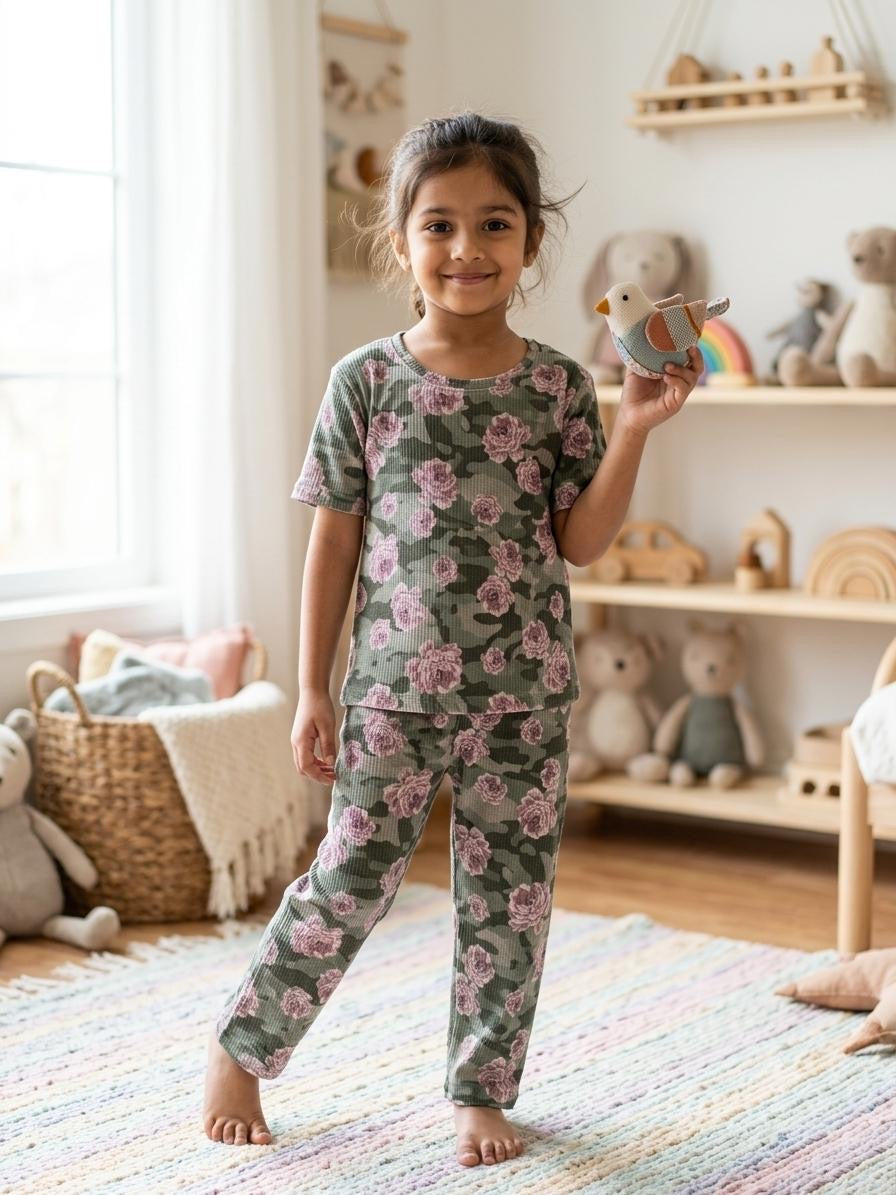 Floral Ribbed Top & Bottom Set (6-10 years )