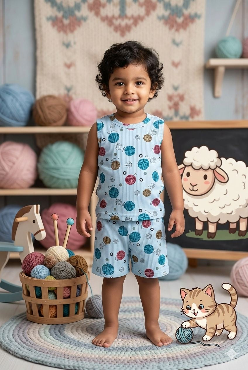 Blue Sleeveless Ribbed Short  set (1-6 years )Code:SA