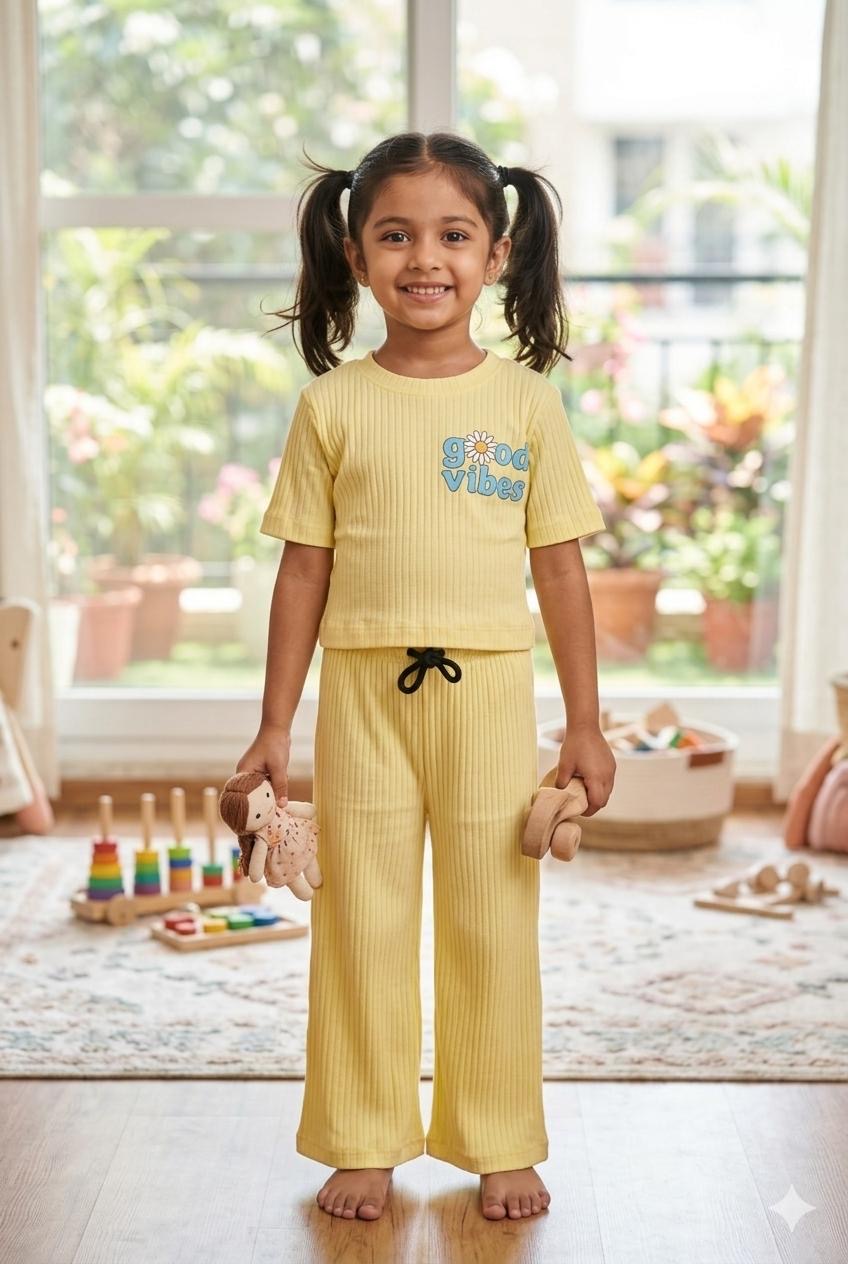 Yellow Ribbed  Plazoo  set Same Colour, Same Fit – Assorted Printed Designs (1-6 years )Code:SA