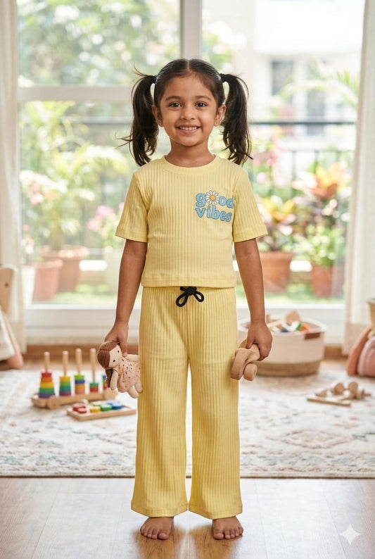 Yellow Ribbed  Plazoo  set Same Colour, Same Fit – Assorted Printed Designs (1-6 years )Code:SA