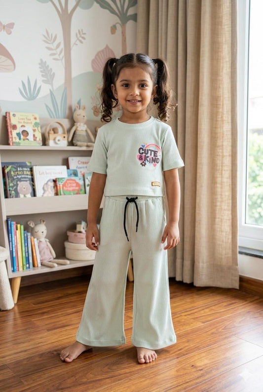 Mint Green Ribbed  Plazoo  set Same Colour, Same Fit – Assorted Printed Designs (1-6 years )Code:SA