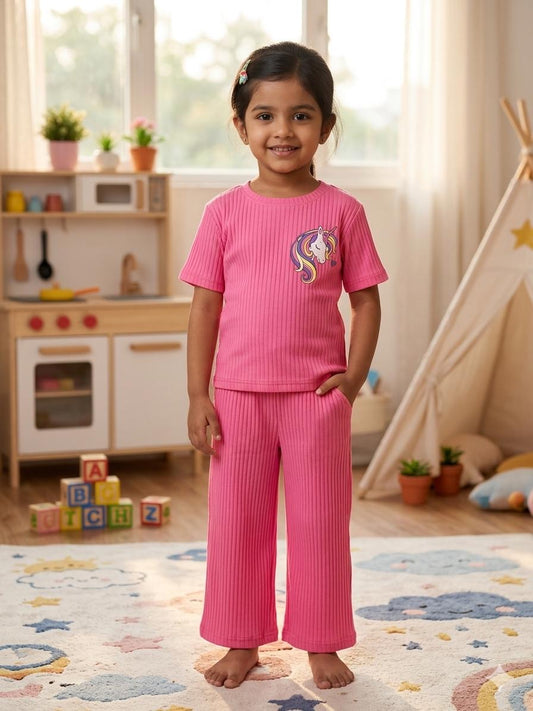 Rose Ribbed  Plazoo  set Same Colour, Same Fit – Assorted Printed Designs (1-6 years )Code:SA