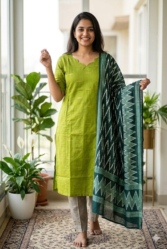 Green Raw Silk Feeding Kurti 3 pcs Set  (M -2XL)