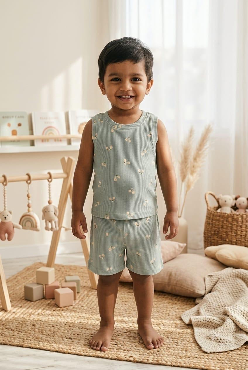 Green Sleeveless Ribbed Short  set (1-6 years )Code:SA