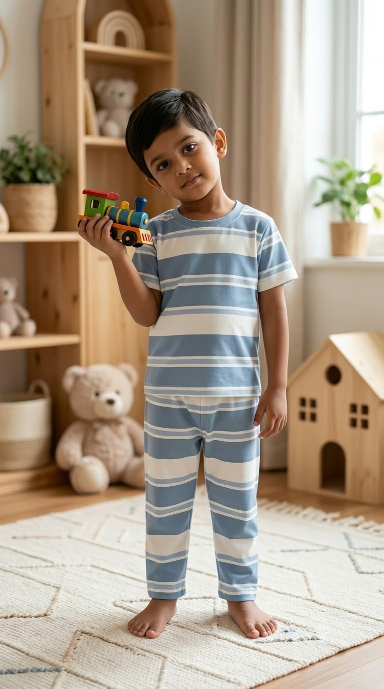 Blue white strips Ribbed Pant Set  (1-6 years )