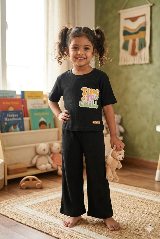 Black Ribbed  Plazoo  set Same Colour, Same Fit – Assorted Printed Designs (1-6 years )Code:SA