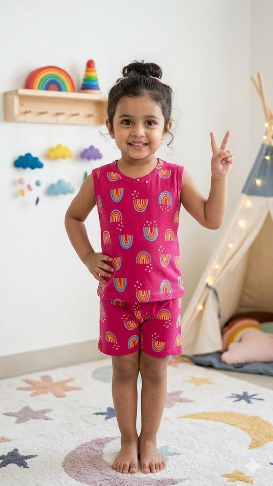 Pink rainbow sleeveless short set (6 months-3 years)