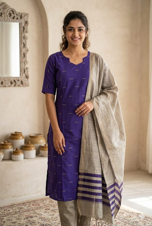 Purple Raw Silk Feeding Kurti 3 pcs Set  (M -2XL)