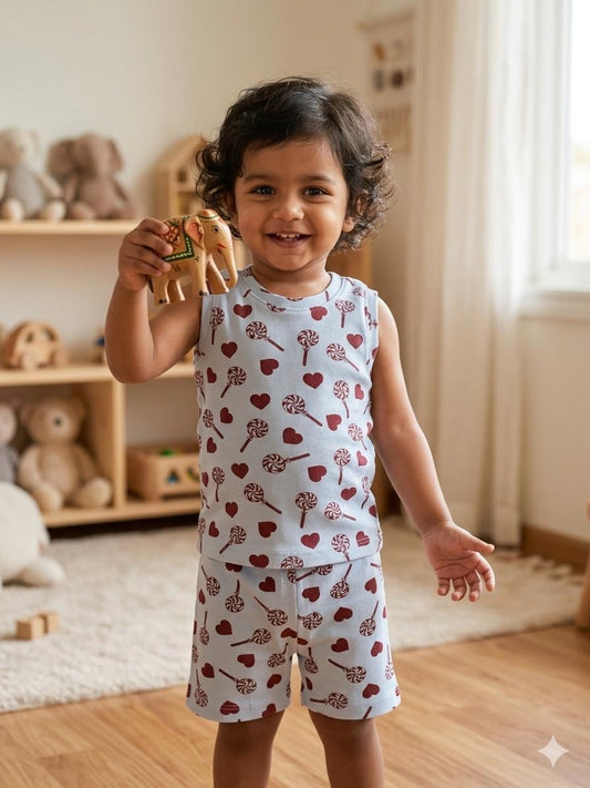 Light purple Hearts Sleeveless Ribbed Short  set (1-6 years )Code:SA