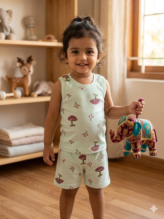 Mushroom Sleeveless Ribbed Short  set (1-6 years )Code:SA