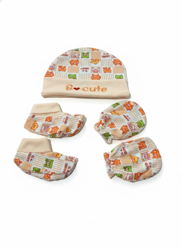 Orange baby cap, mittens & booties set